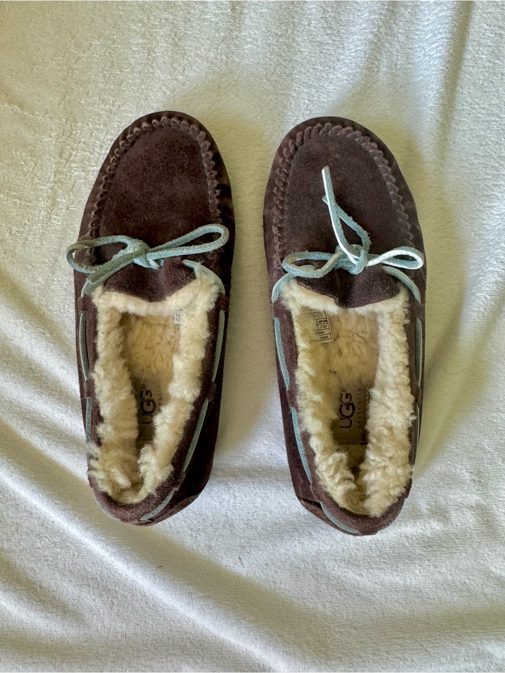 UGG Dark Brown Suede Shearling Moccasins with Light Blue Laces